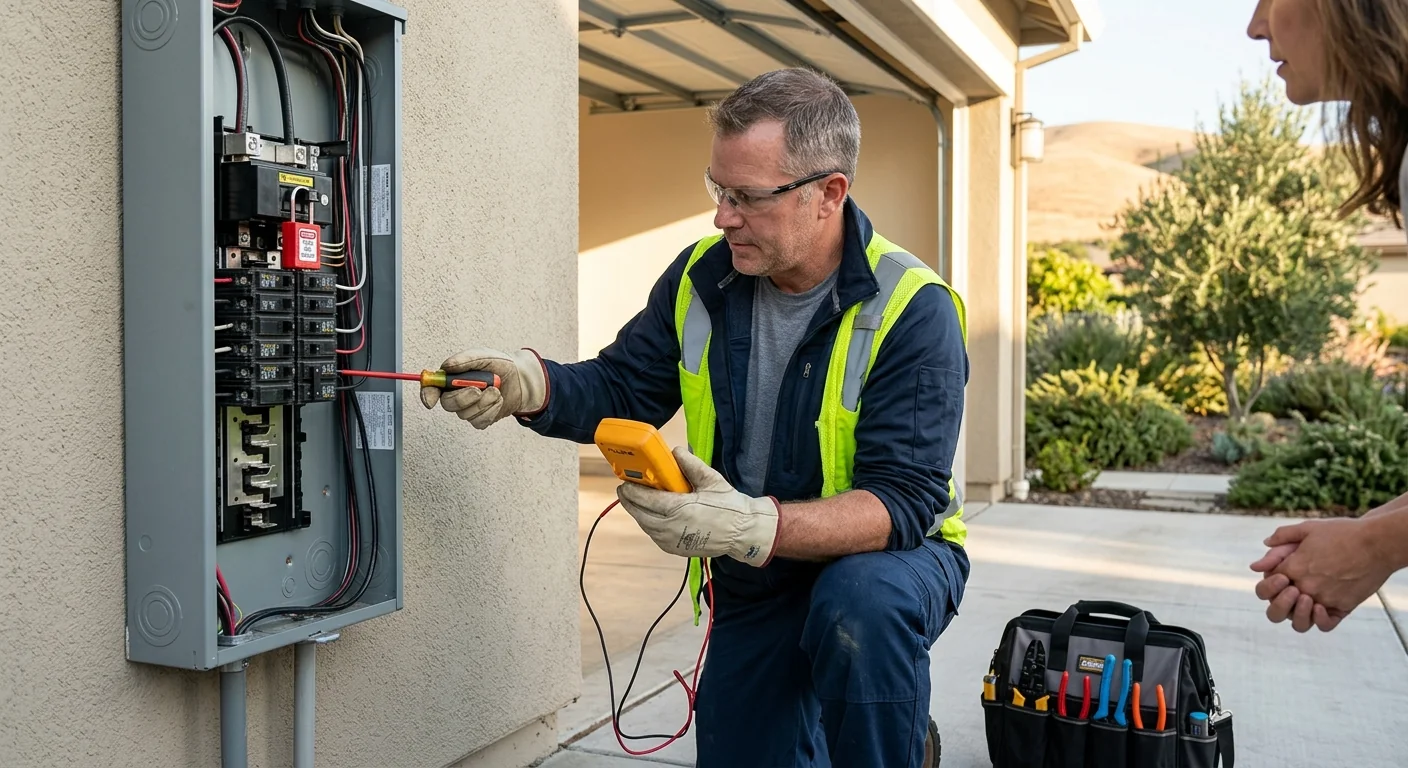 Electrician reviewing panel and circuit test results during a home inspection in Pleasanton