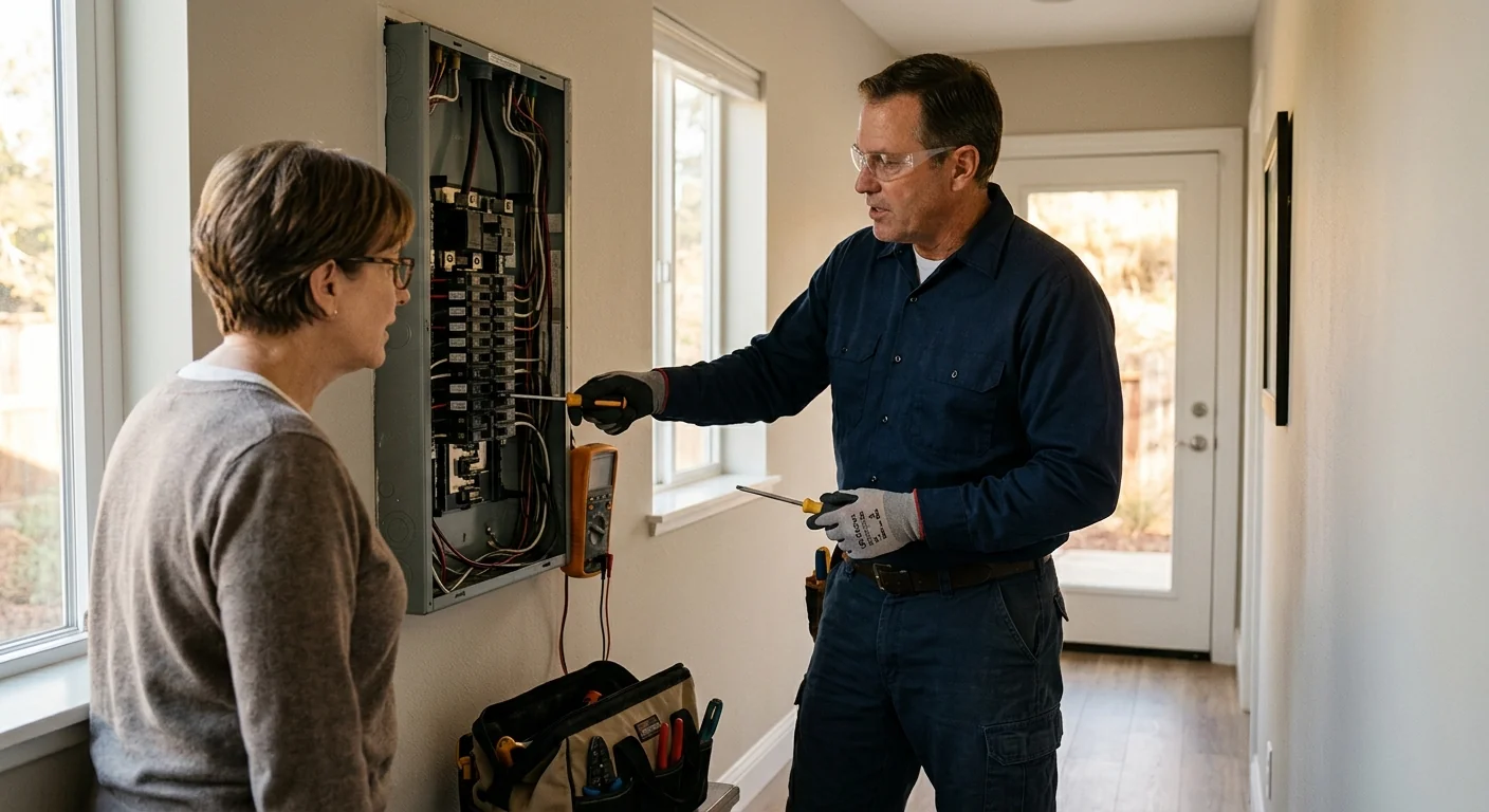 Technician reviewing an open electrical panel during a home inspection in Pleasanton