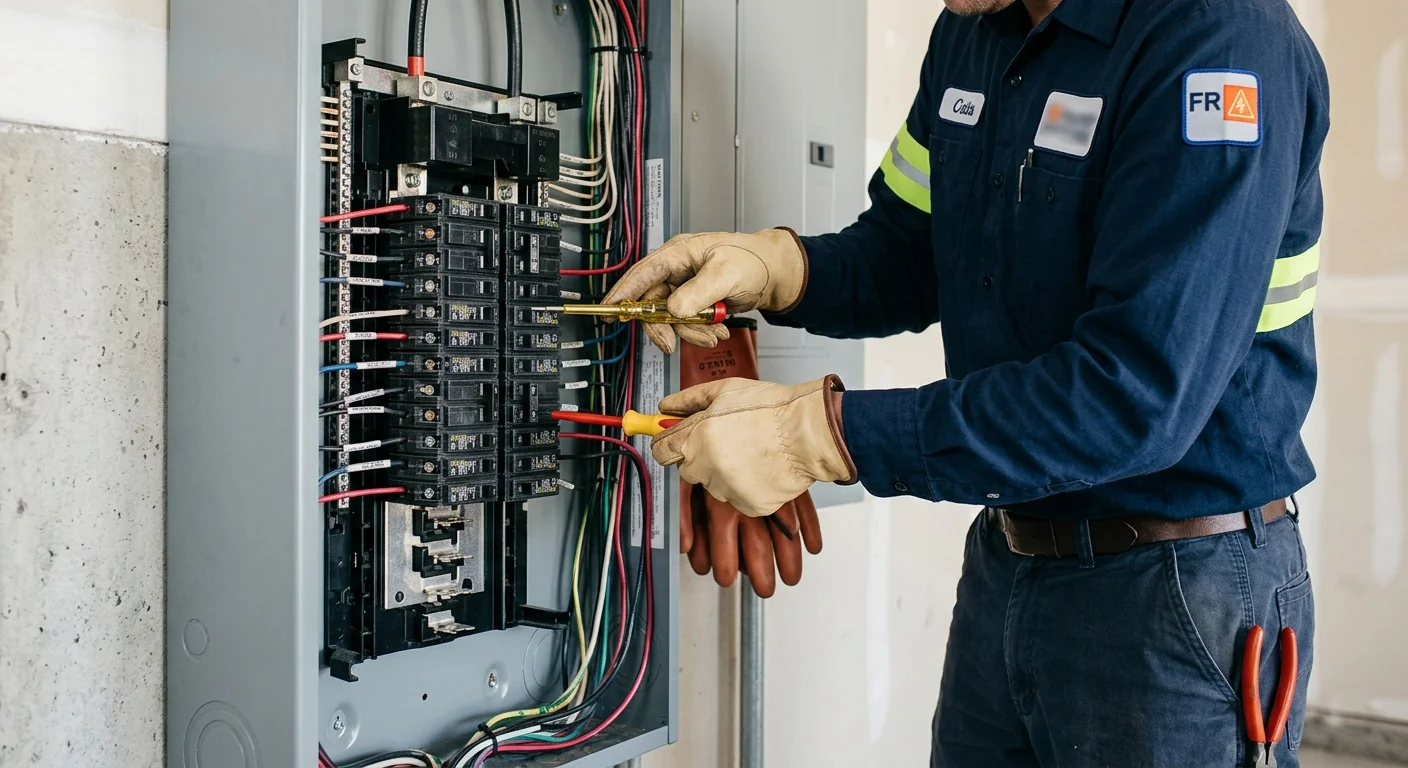 Technician testing circuit breakers inside a residential service panel