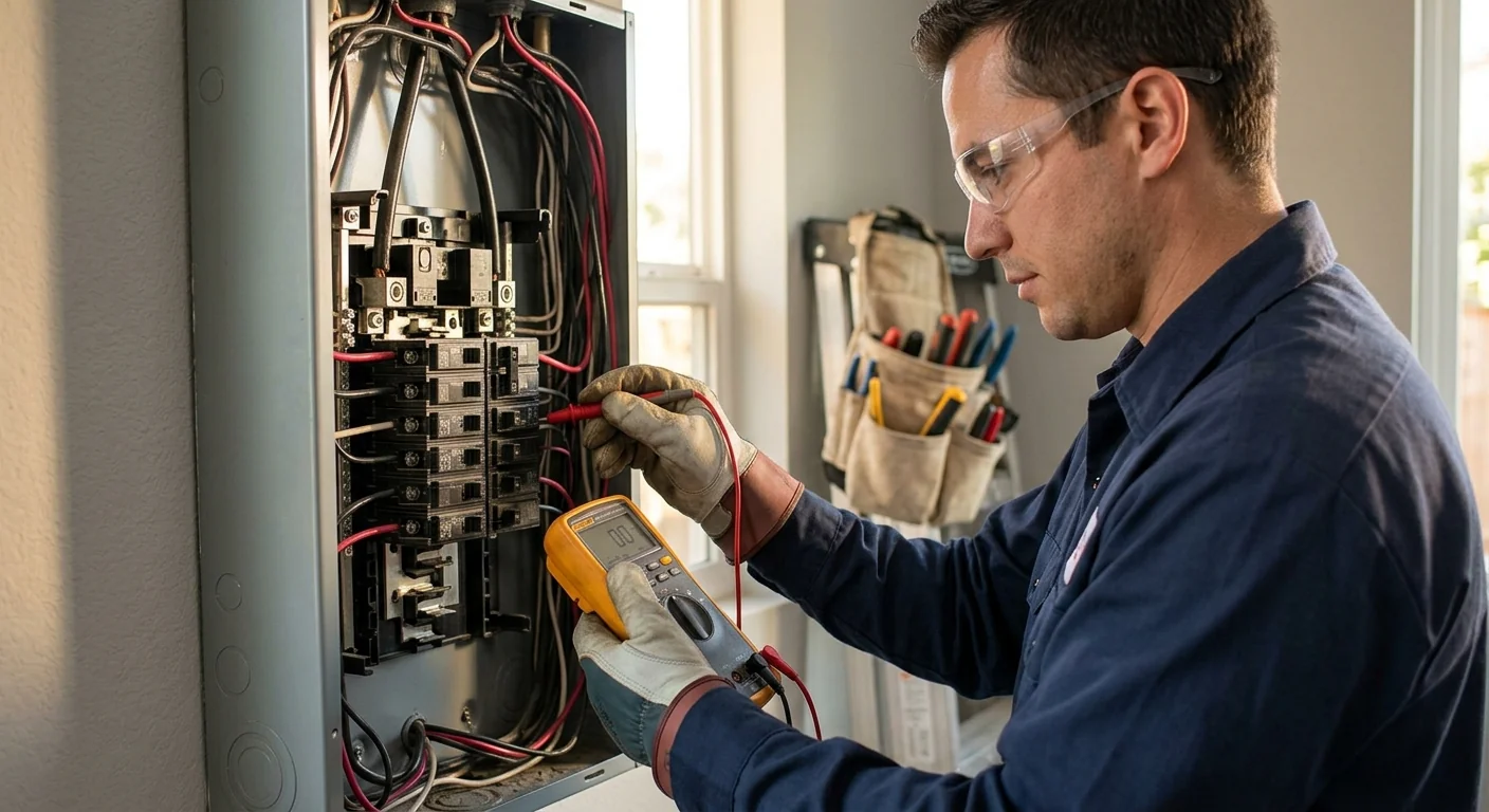 Close-up of technician testing breaker connections inside an open service panel