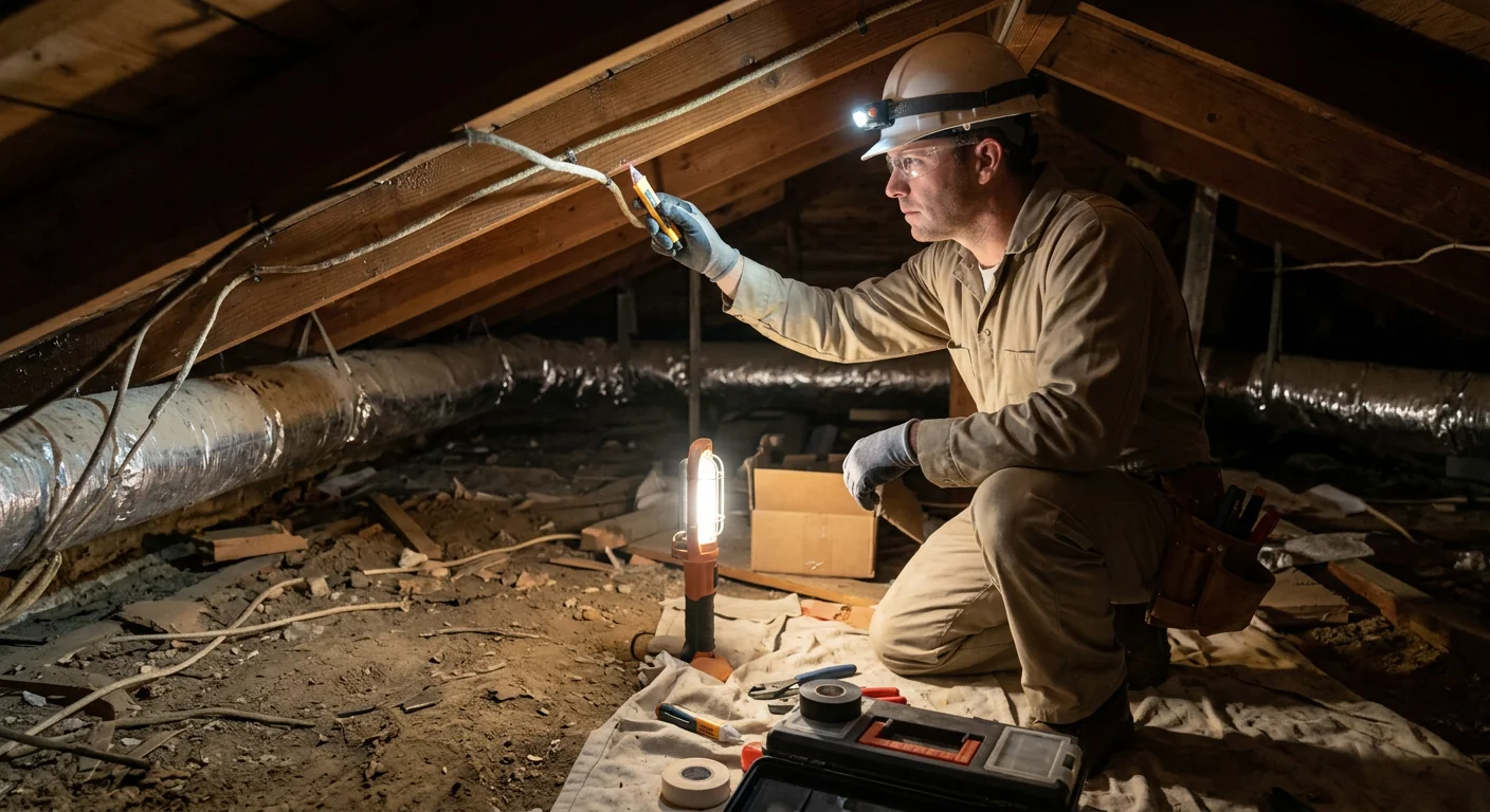Wide shot of electrician inspecting wiring in an older Pleasanton home crawlspace