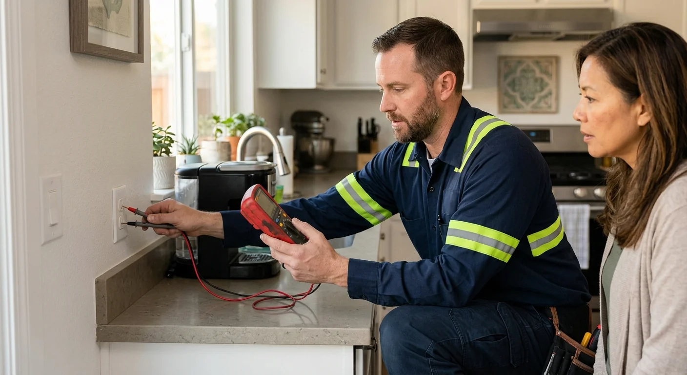 Technician using a meter to check outlet grounding during a safety inspection