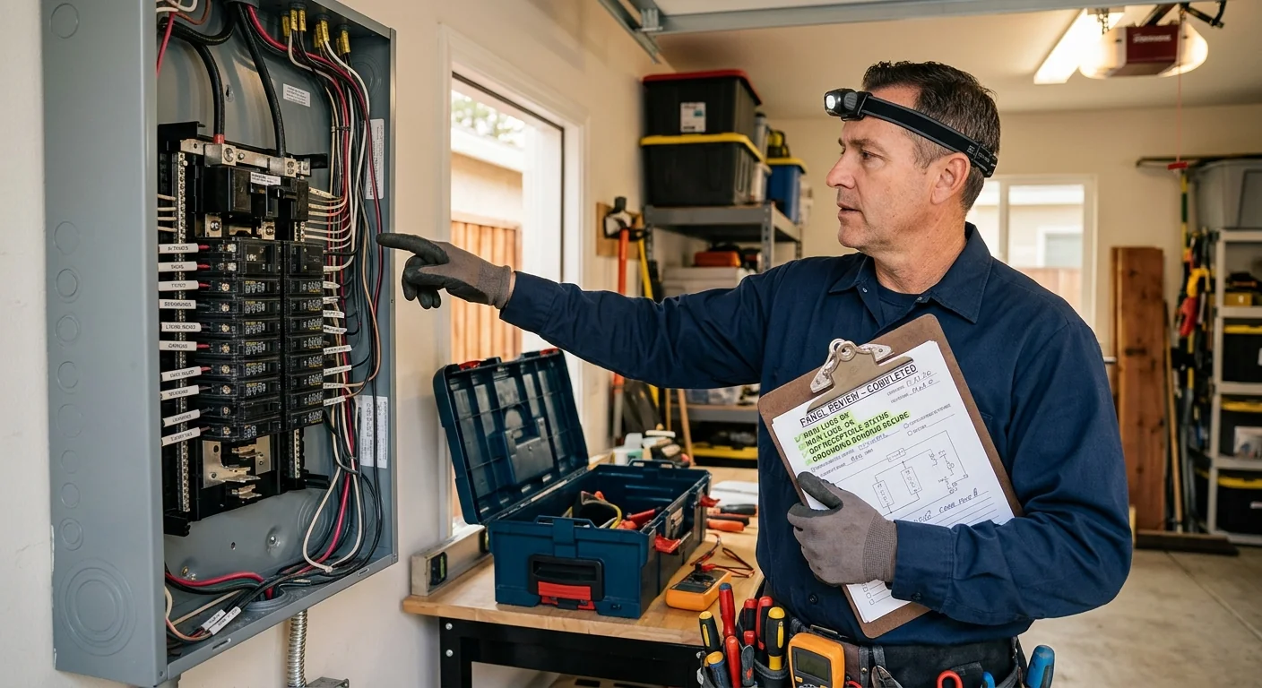 Completed panel review with labeled circuits and documented findings on a clipboard