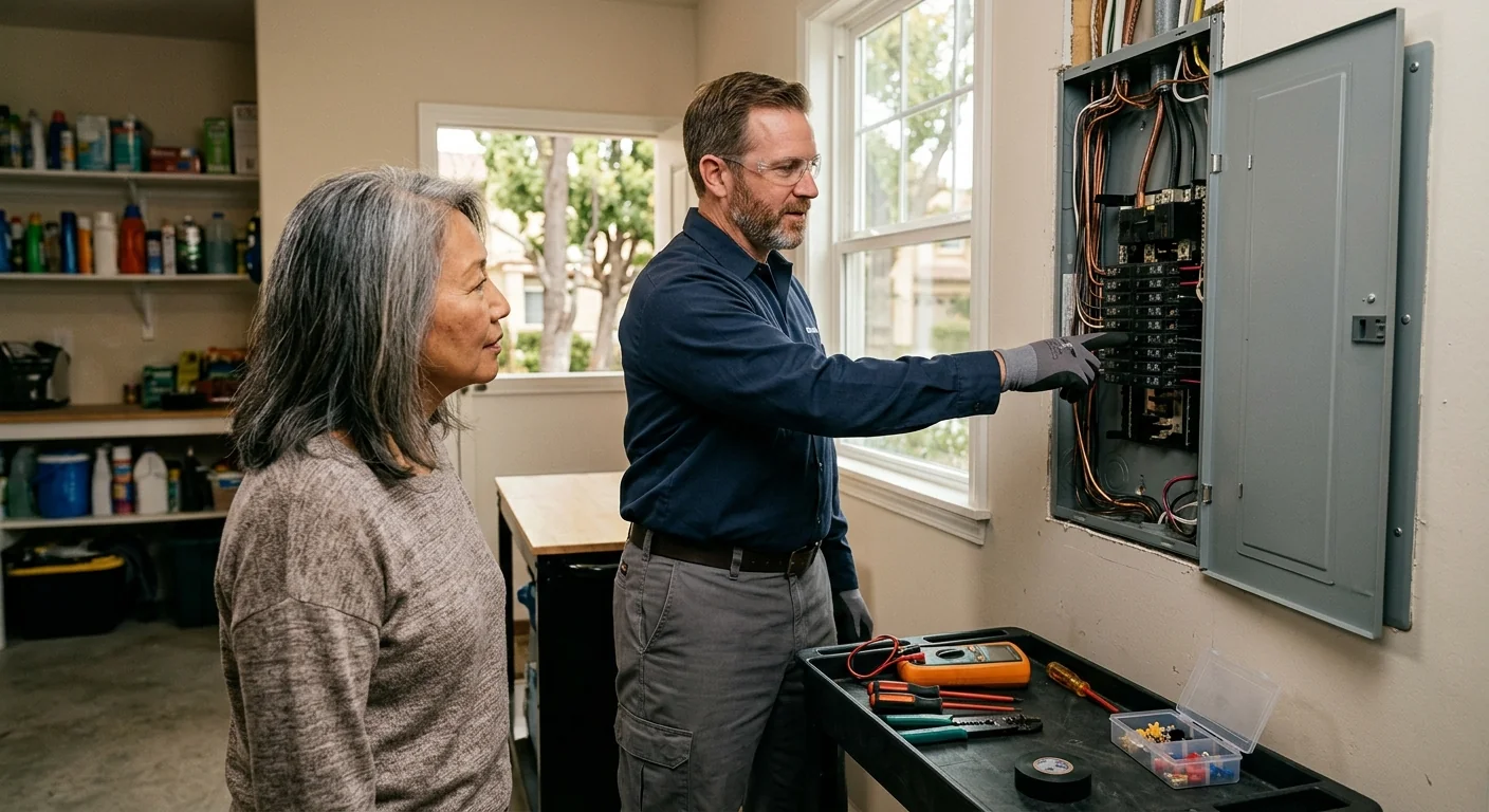 Electrician inspecting a newly installed 200-amp panel inside a Pleasanton home