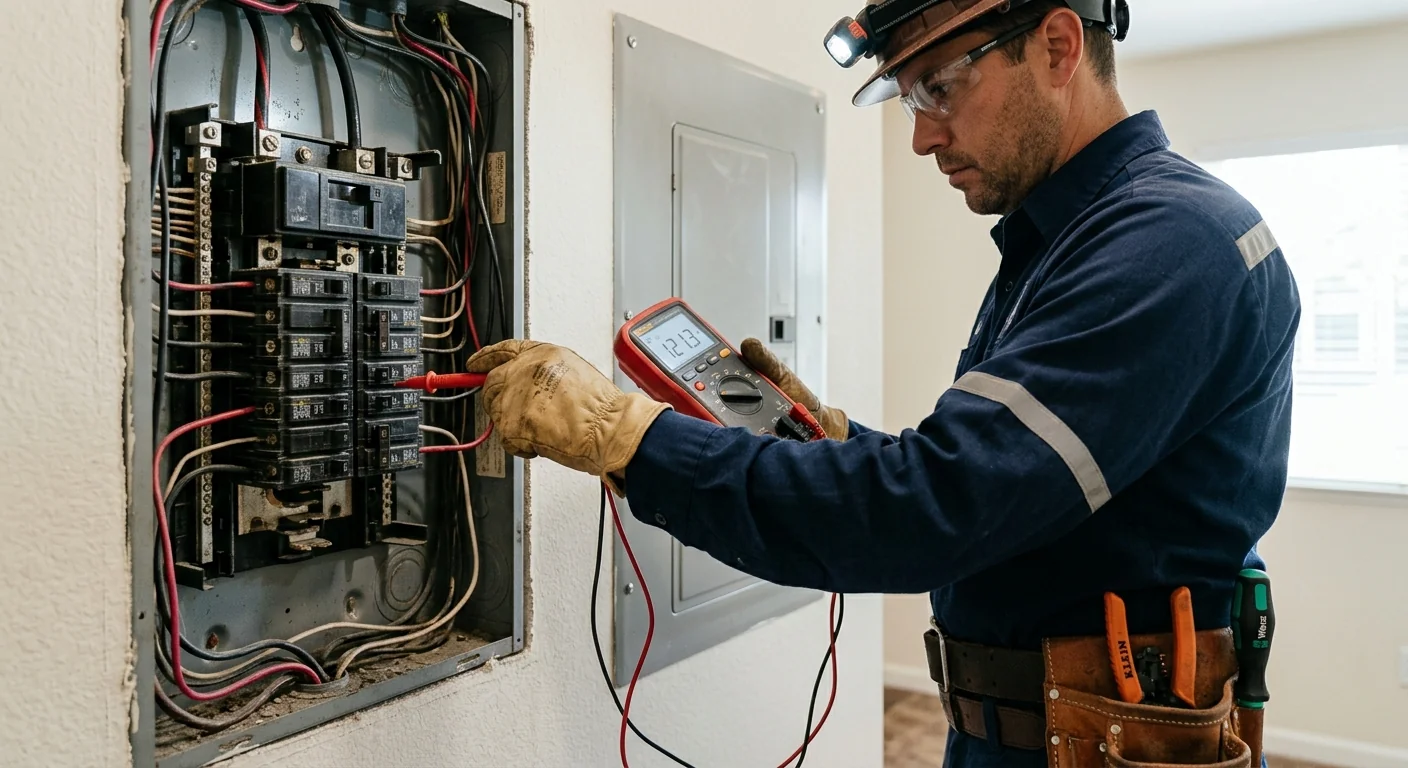 Close-up of overloaded breakers with scorch marks flagged for replacement