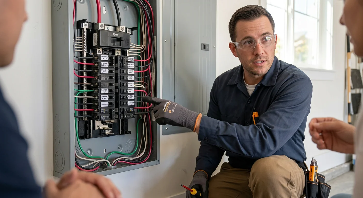 Close-up of a newly installed 200-amp load center with neatly labeled breakers in Pleasanton