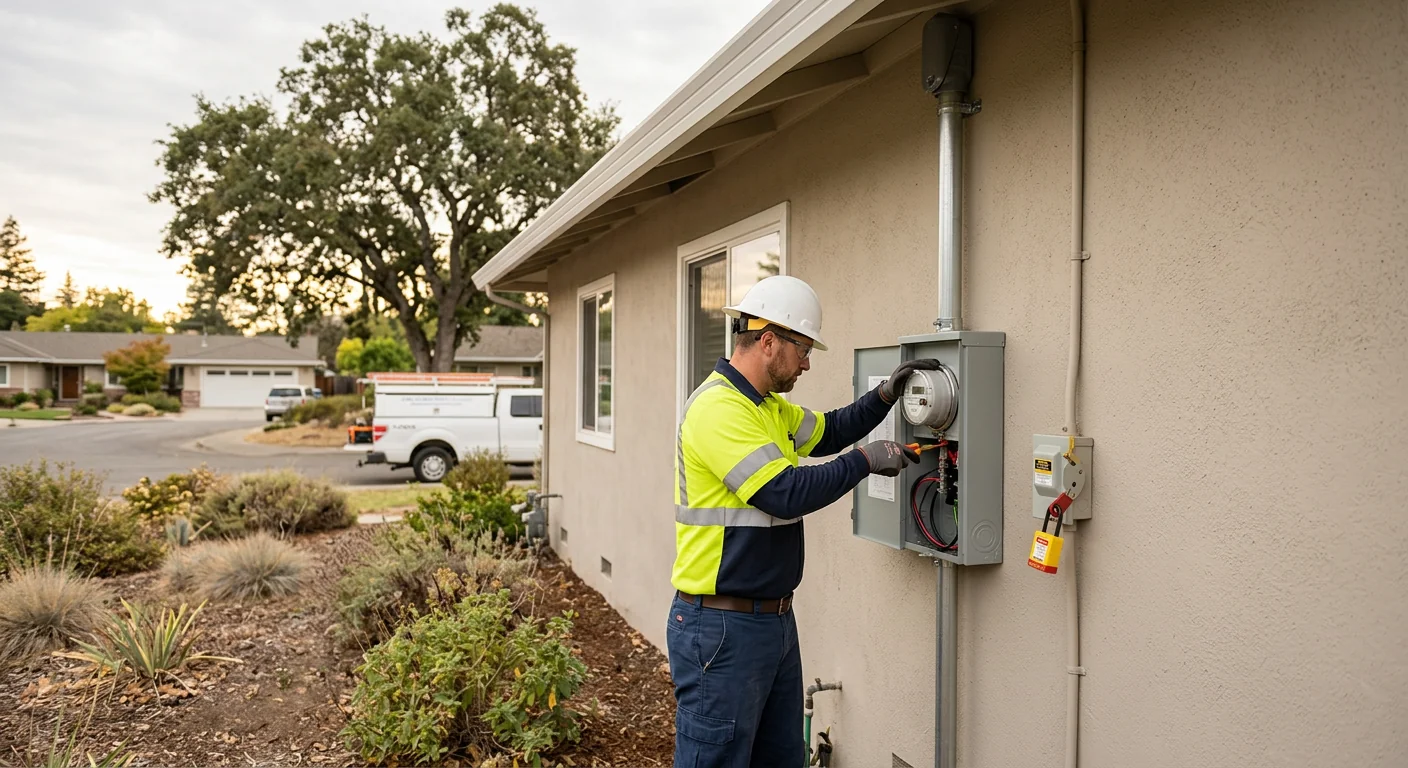 Wide shot of an upgraded exterior meter base and service mast on a Pleasanton home