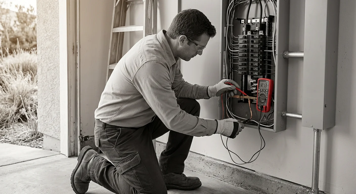 Technician testing grounding and voltage on a finished panel upgrade in Pleasanton