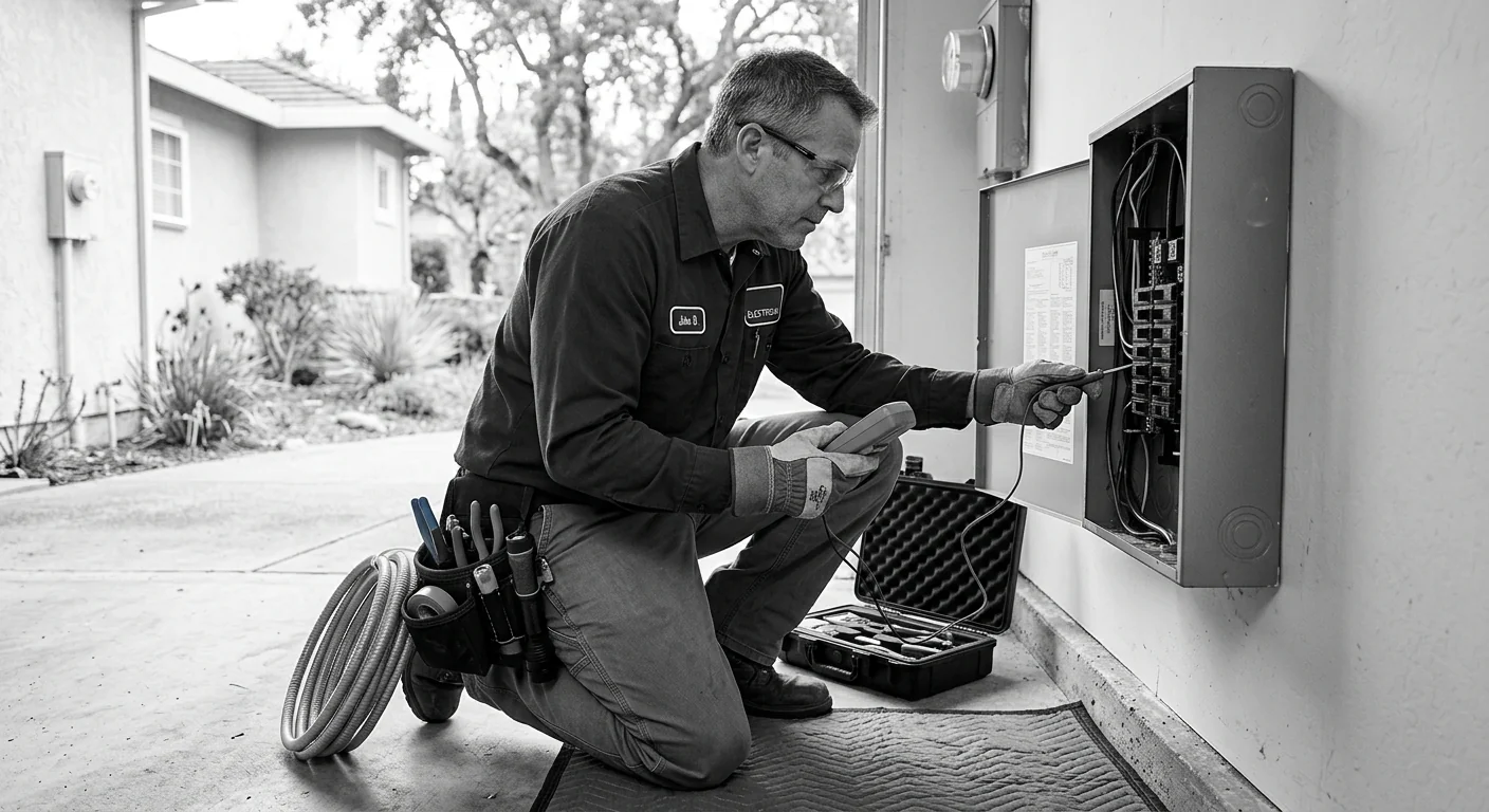 Electrician reviewing a home electrical panel during a scheduled service visit in Pleasanton