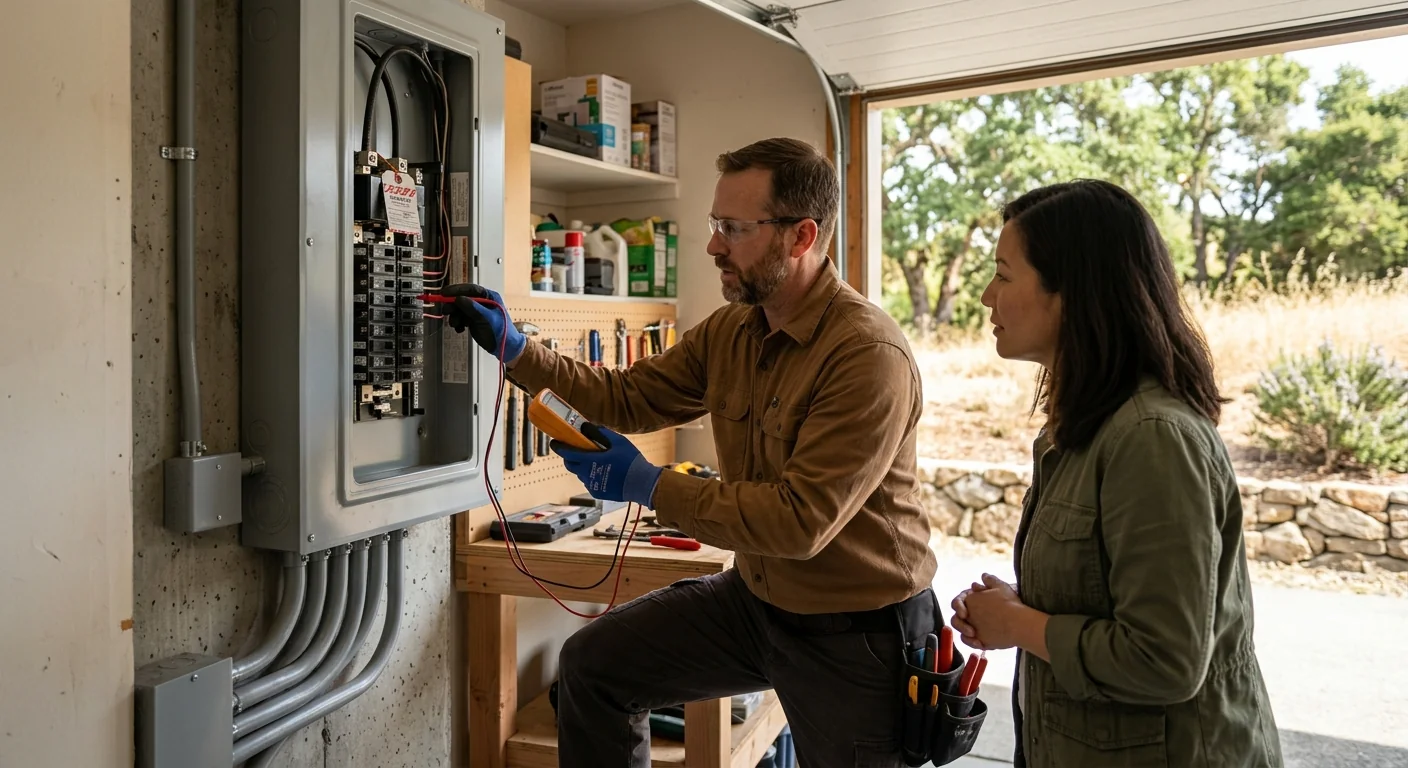 Electrician reviewing a printed cost estimate beside an open residential electrical panel in Pleasanton