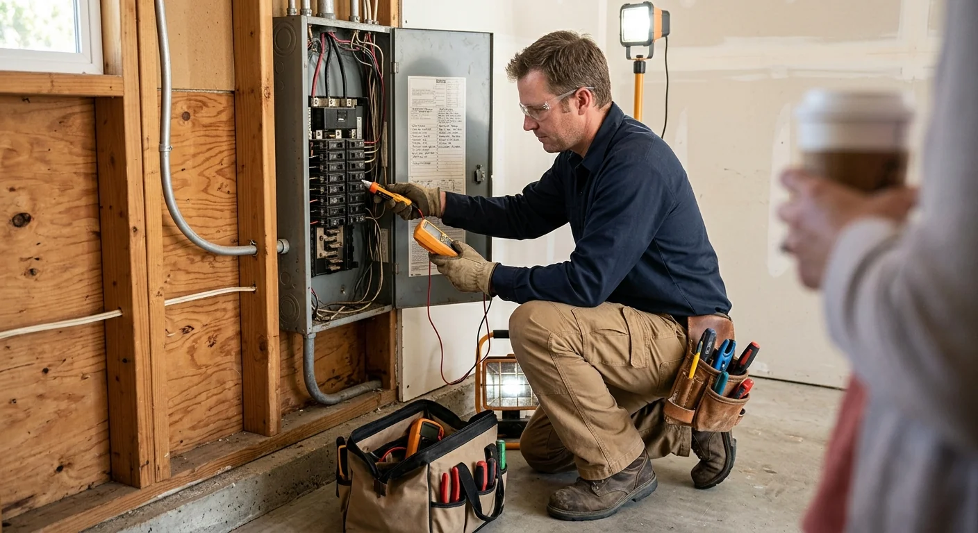 Electrician testing circuits with insulated meters at a Pleasanton residential property