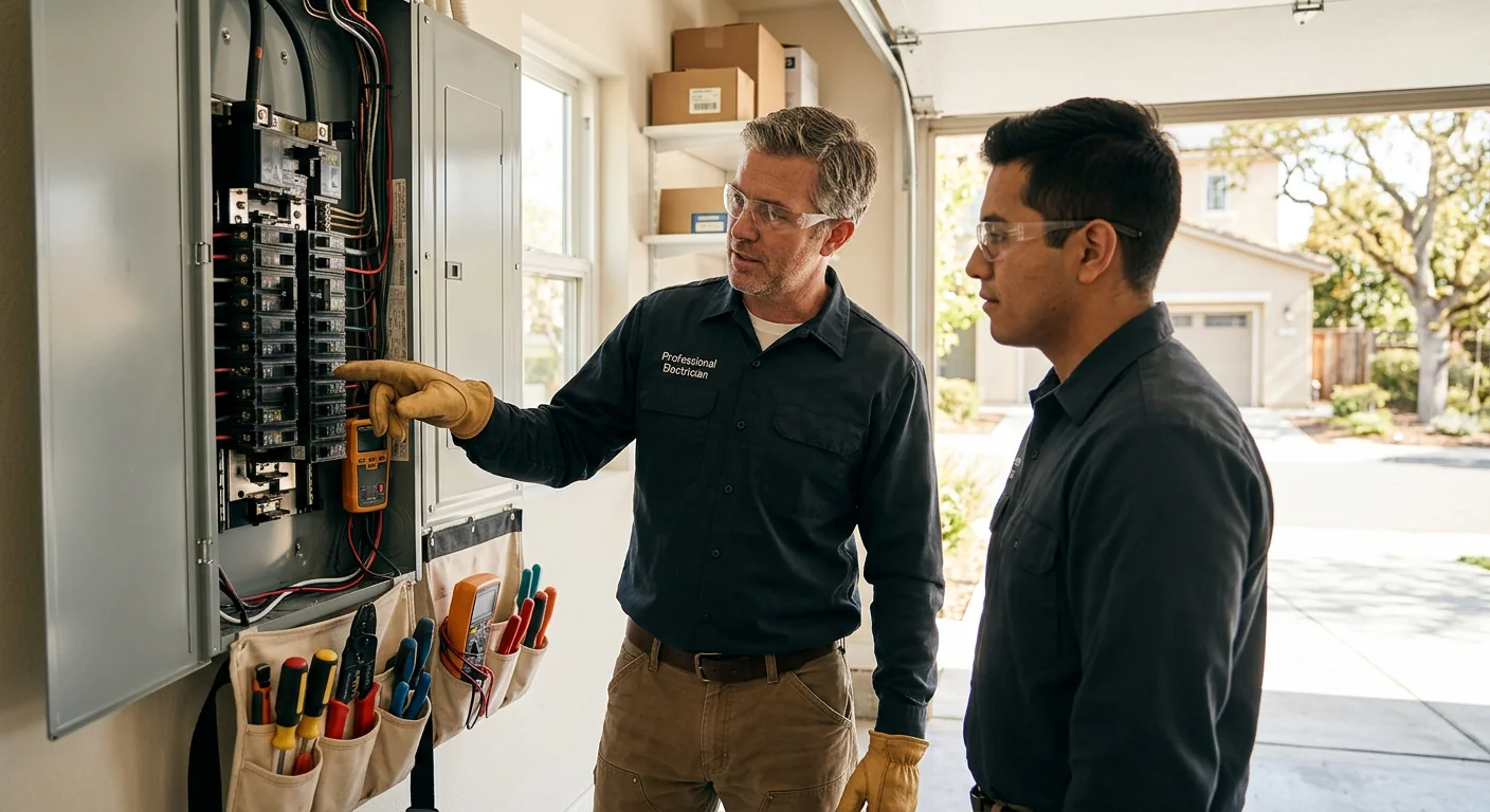 Electrician inspecting an outdated electrical panel in a Pleasanton home
