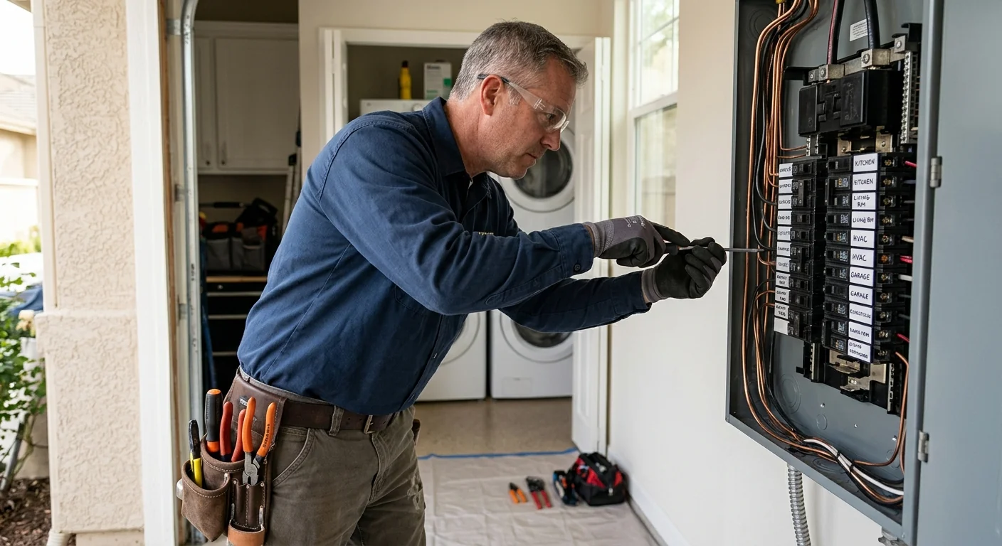 Technician upgrading an electrical panel with neatly labeled breakers in a Pleasanton home