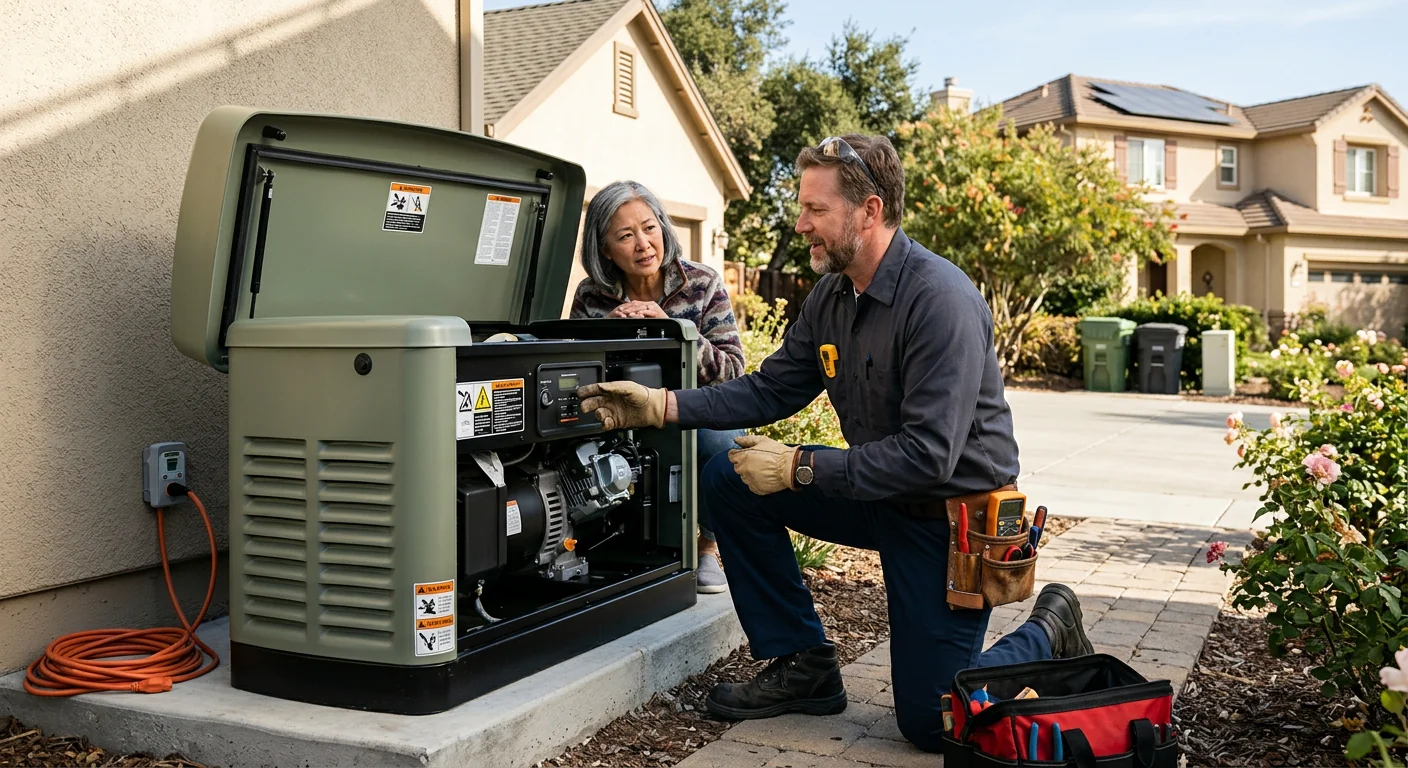 Standby generator set on a concrete pad beside a suburban house exterior
