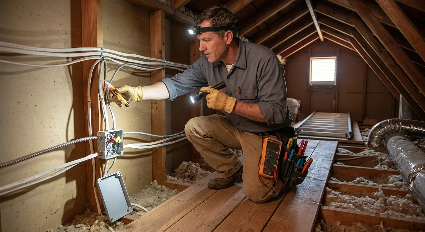 Electrician performing a safety inspection of service wiring in a Pleasanton attic space