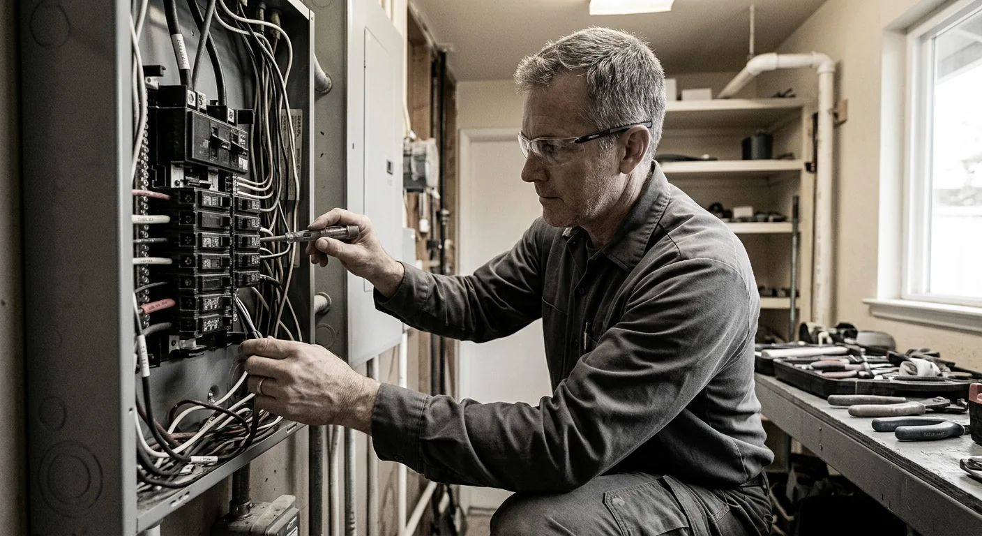Trained electrician double-checking wiring connections during a careful residential service in Pleasanton