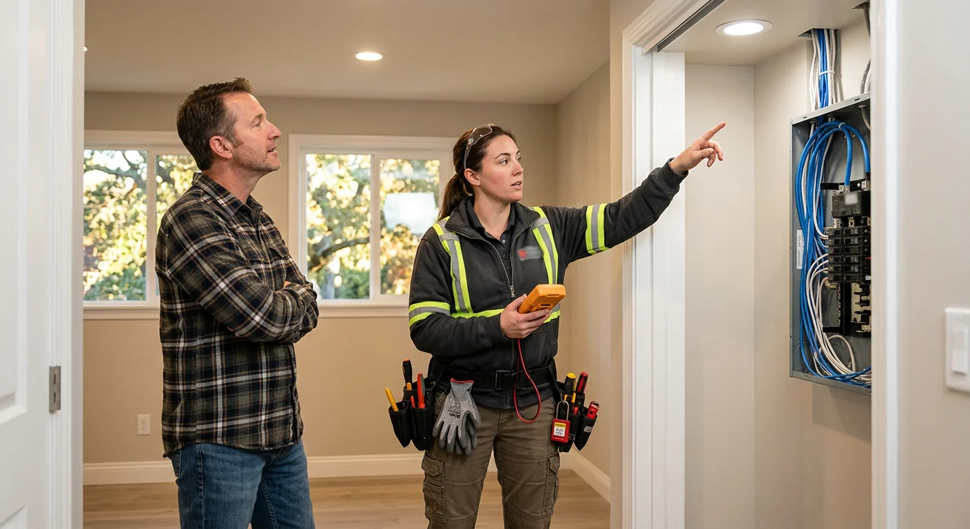 Technician reviewing completed work with a homeowner during a post-job walkthrough