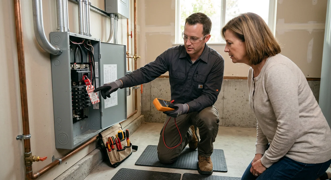 Electrician technicians organizing testing tools and panel components before a Pleasanton service call