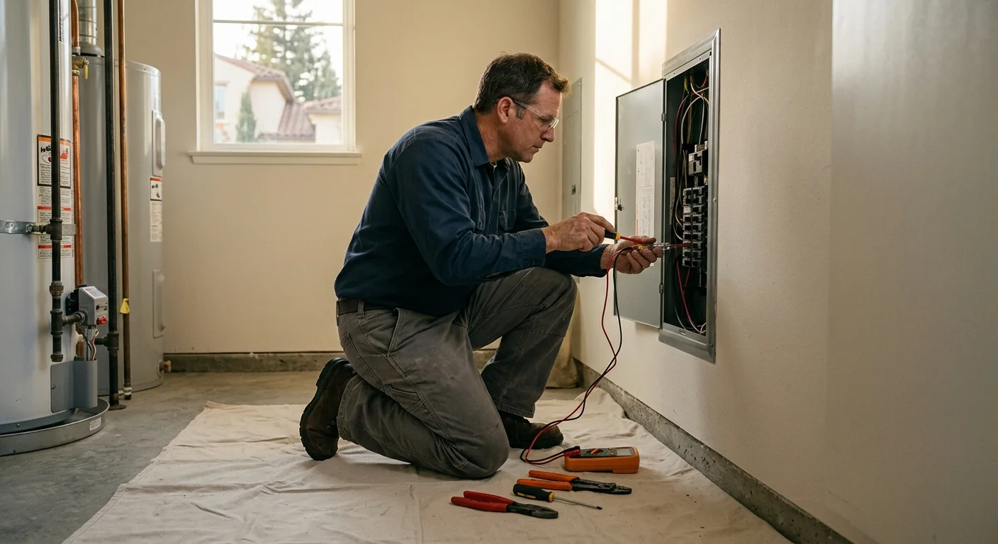 Electrician reviewing an emergency repair estimate beside an open panel in a Pleasanton home