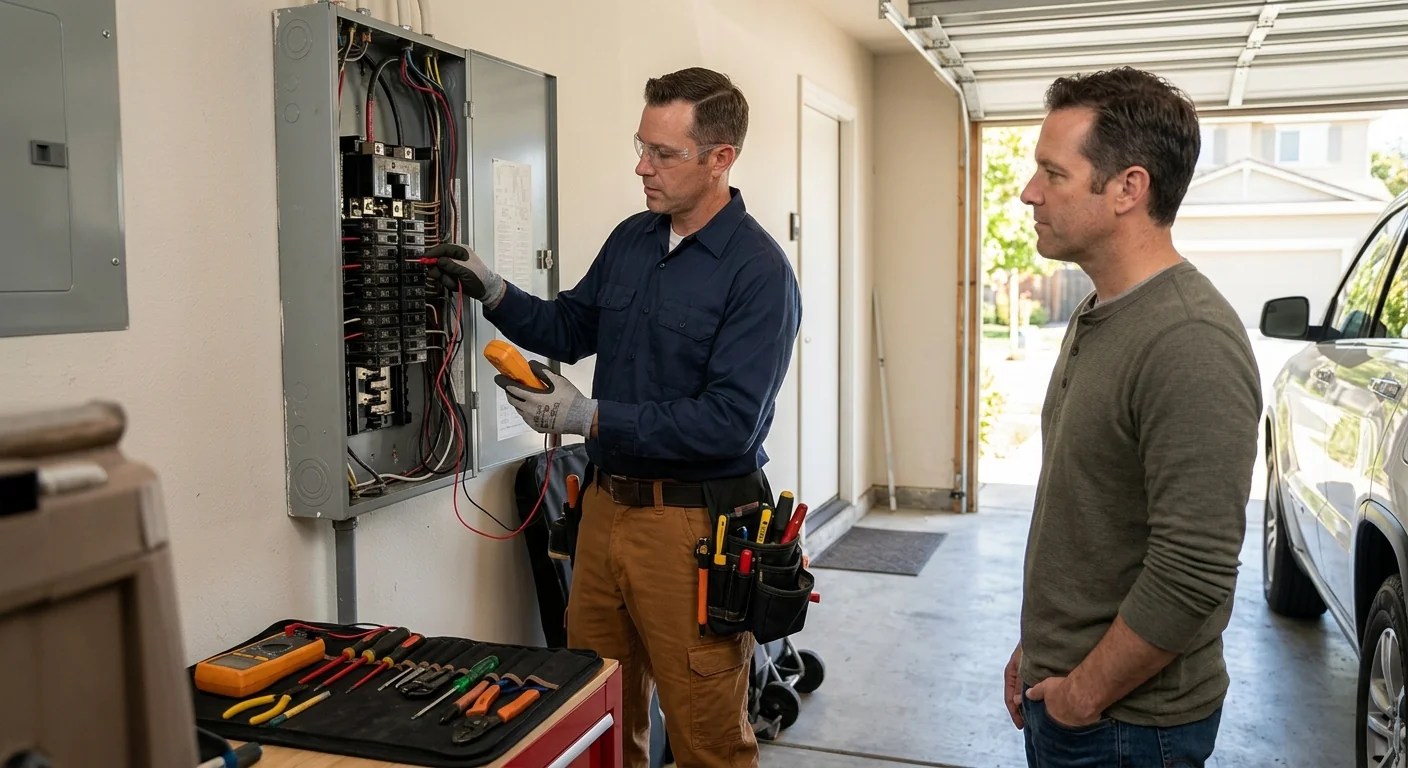 Electrician testing a residential electrical panel during an emergency call in Pleasanton
