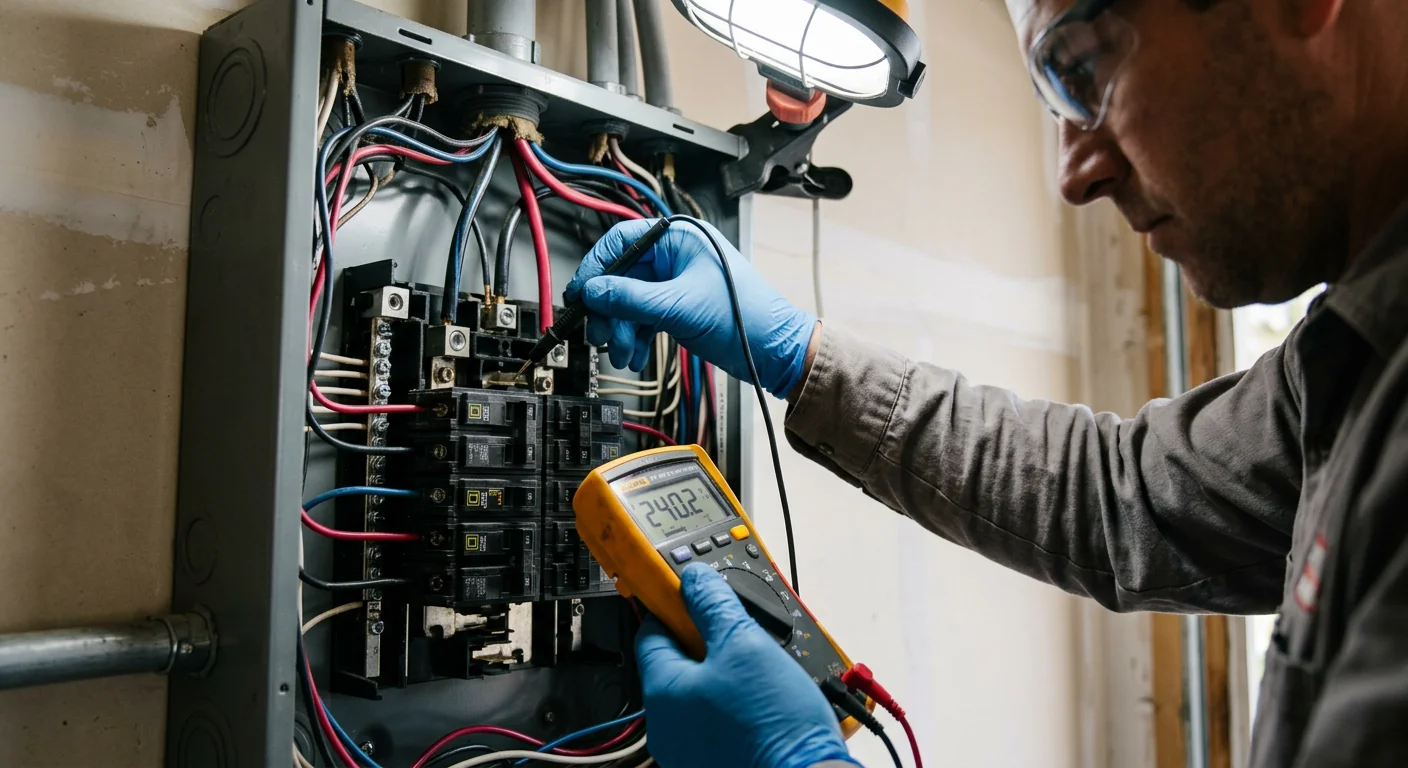 Technician inspecting a tripped breaker inside a Pleasanton home panel