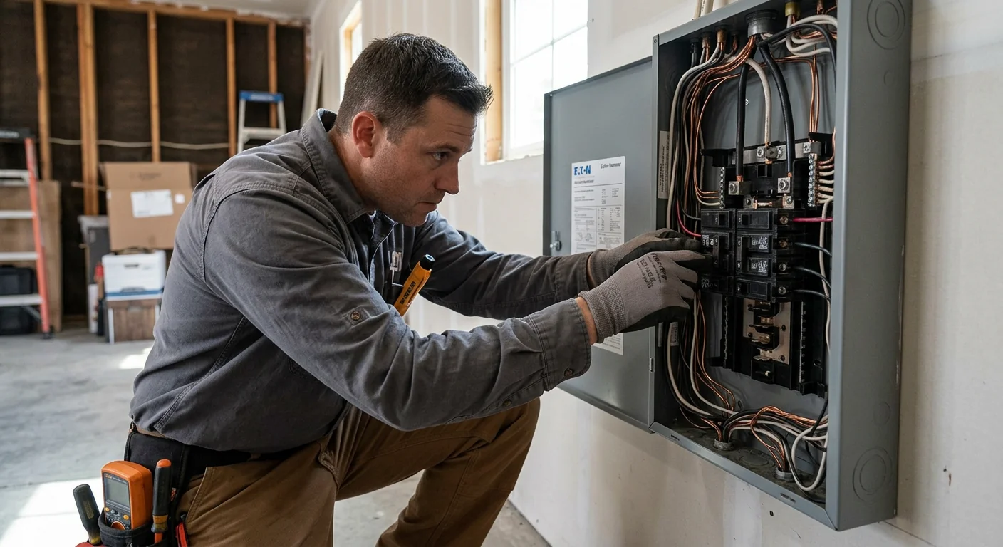 Technician isolating a tripped breaker inside an open residential panel during an emergency call