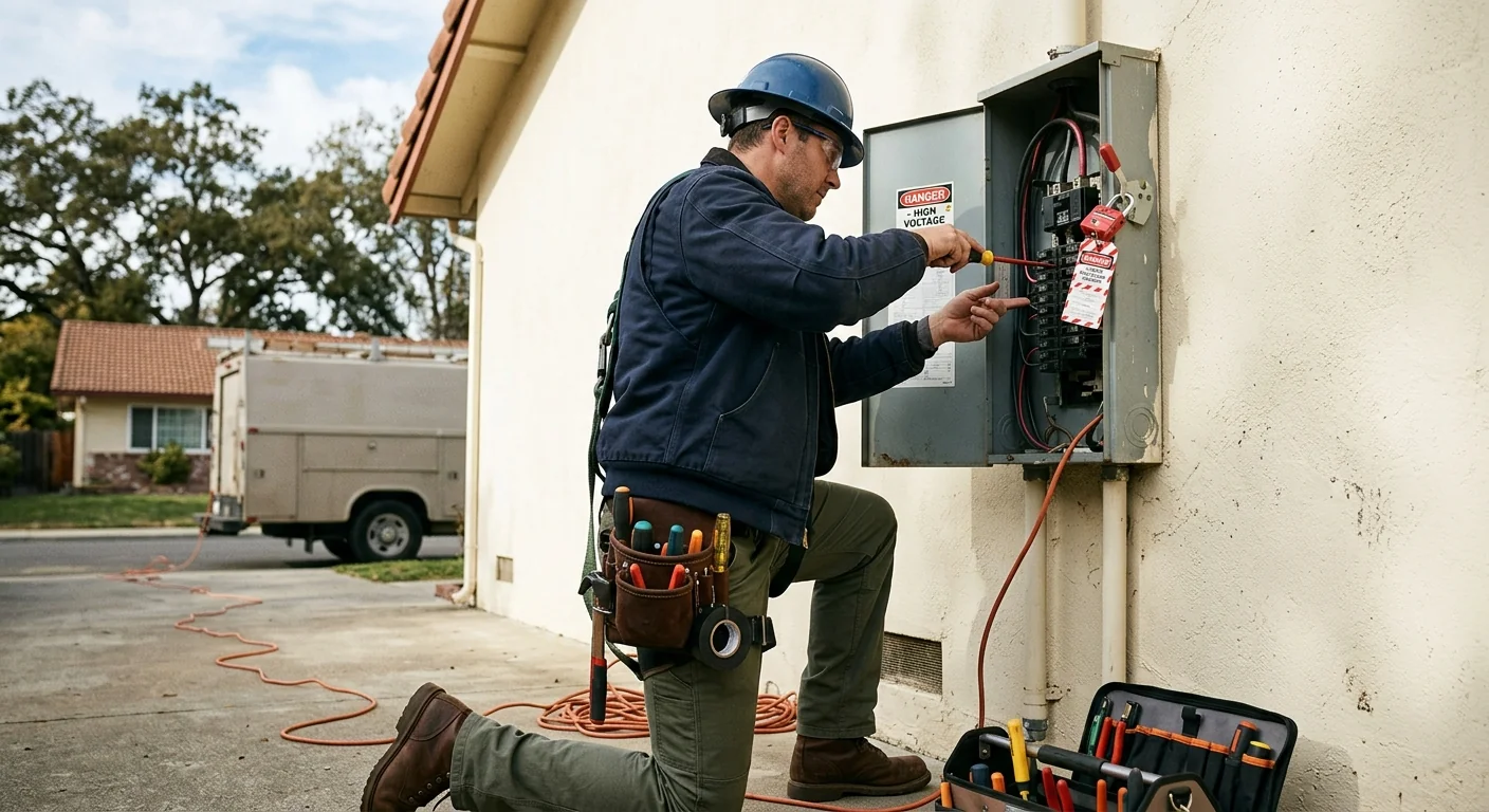 Wide shot of an electrician restoring power to an older Pleasanton home after a service fault