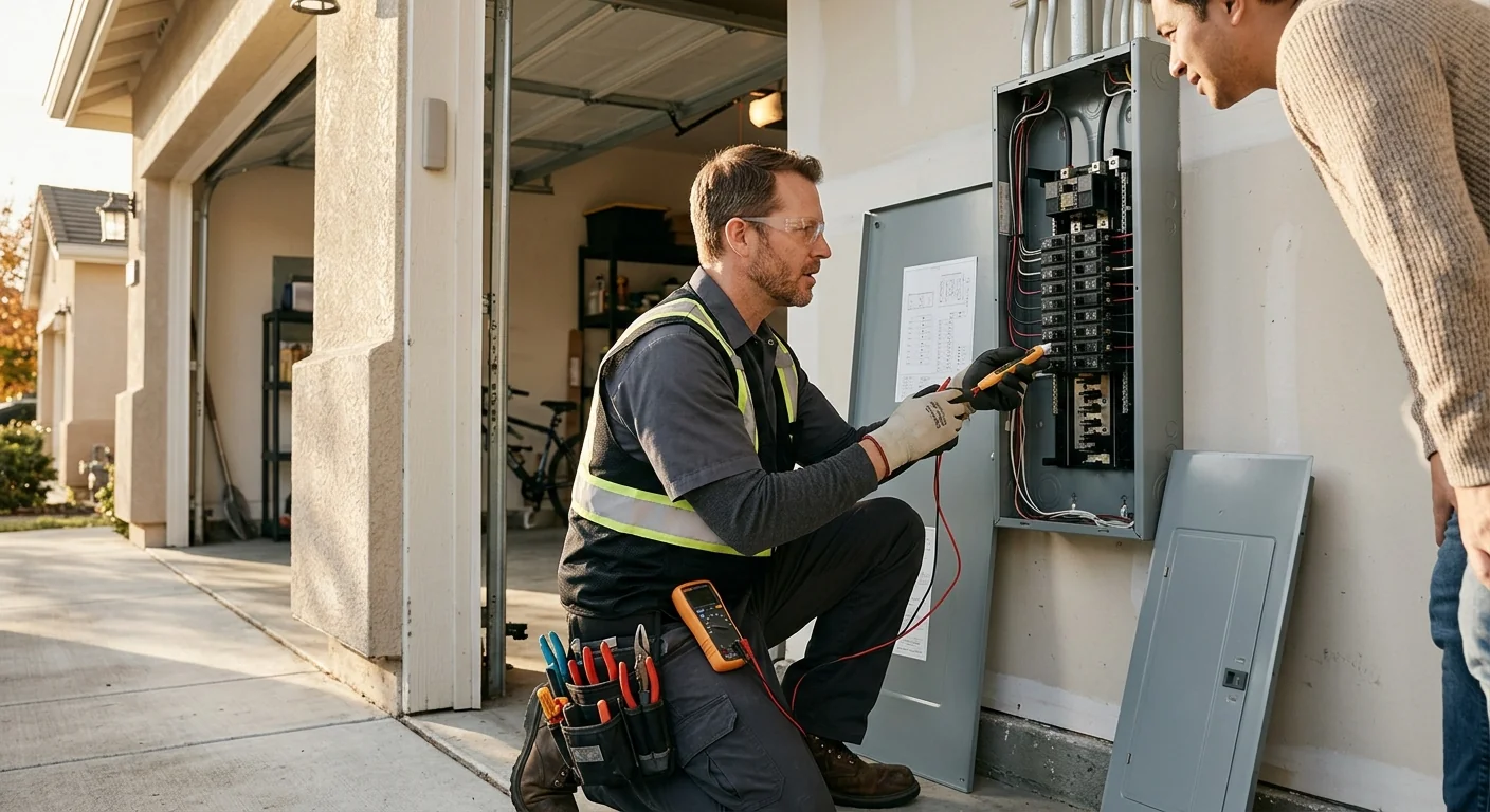 Electrician reviewing panel capacity for a Level 2 EV charger in a Pleasanton garage