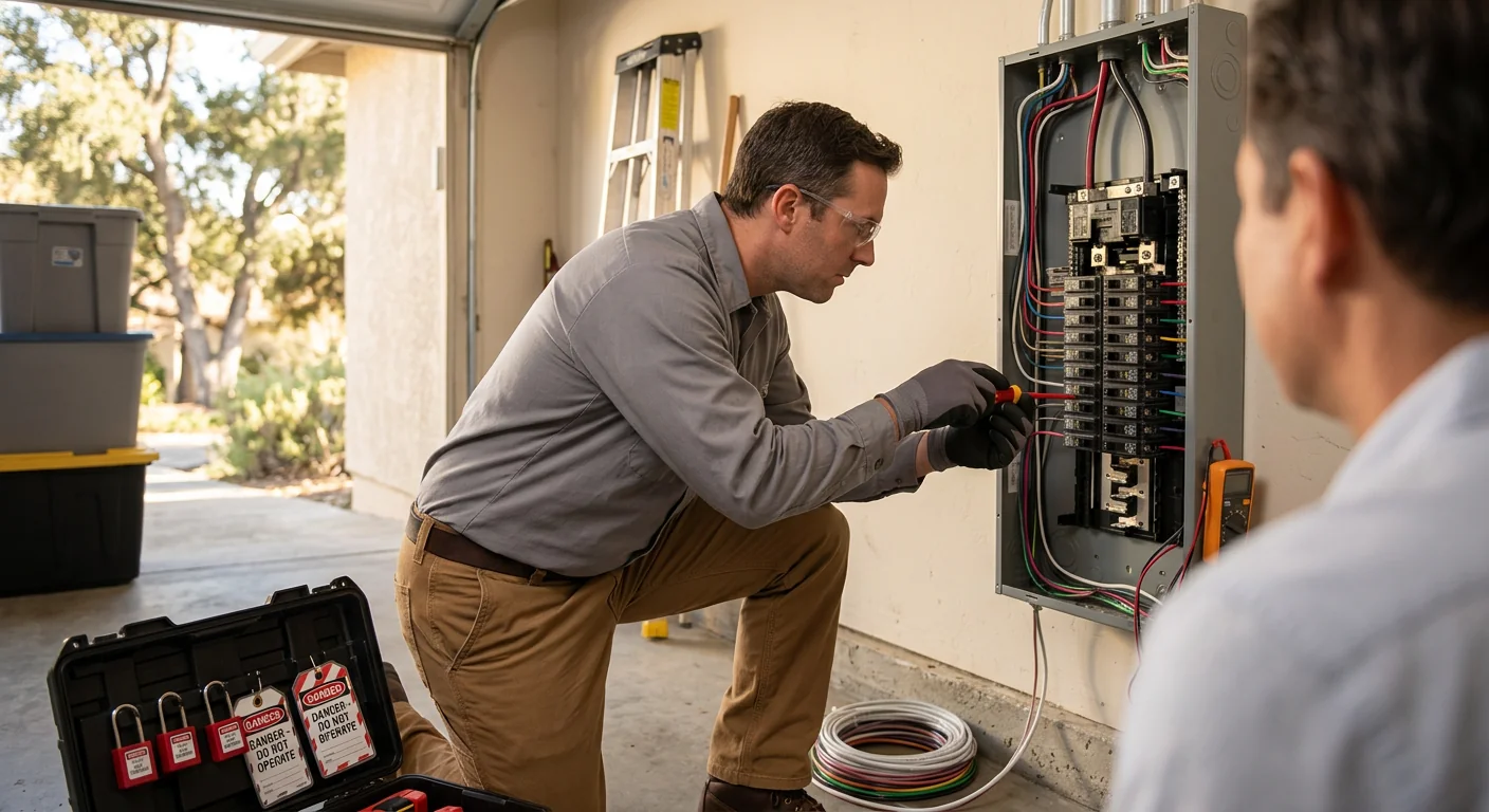Technician mounting a home EV charging station in a Pleasanton garage