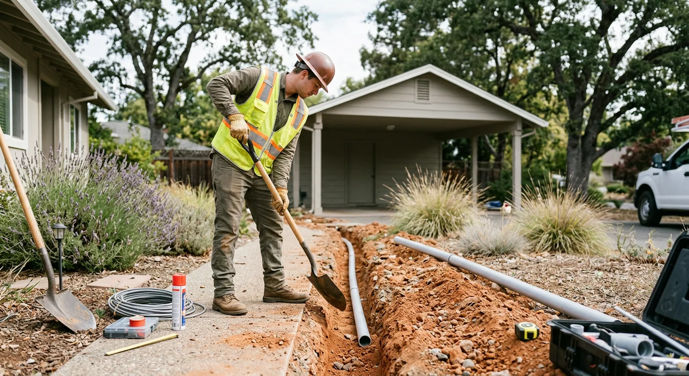 Technician trenching exterior conduit to reach a detached carport charging point