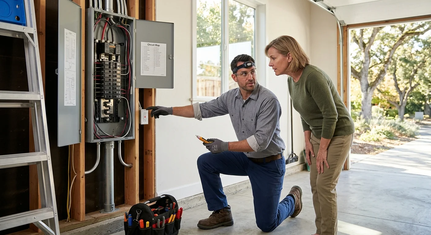 Technician reviewing standby generator pricing factors beside a home electrical panel in Pleasanton