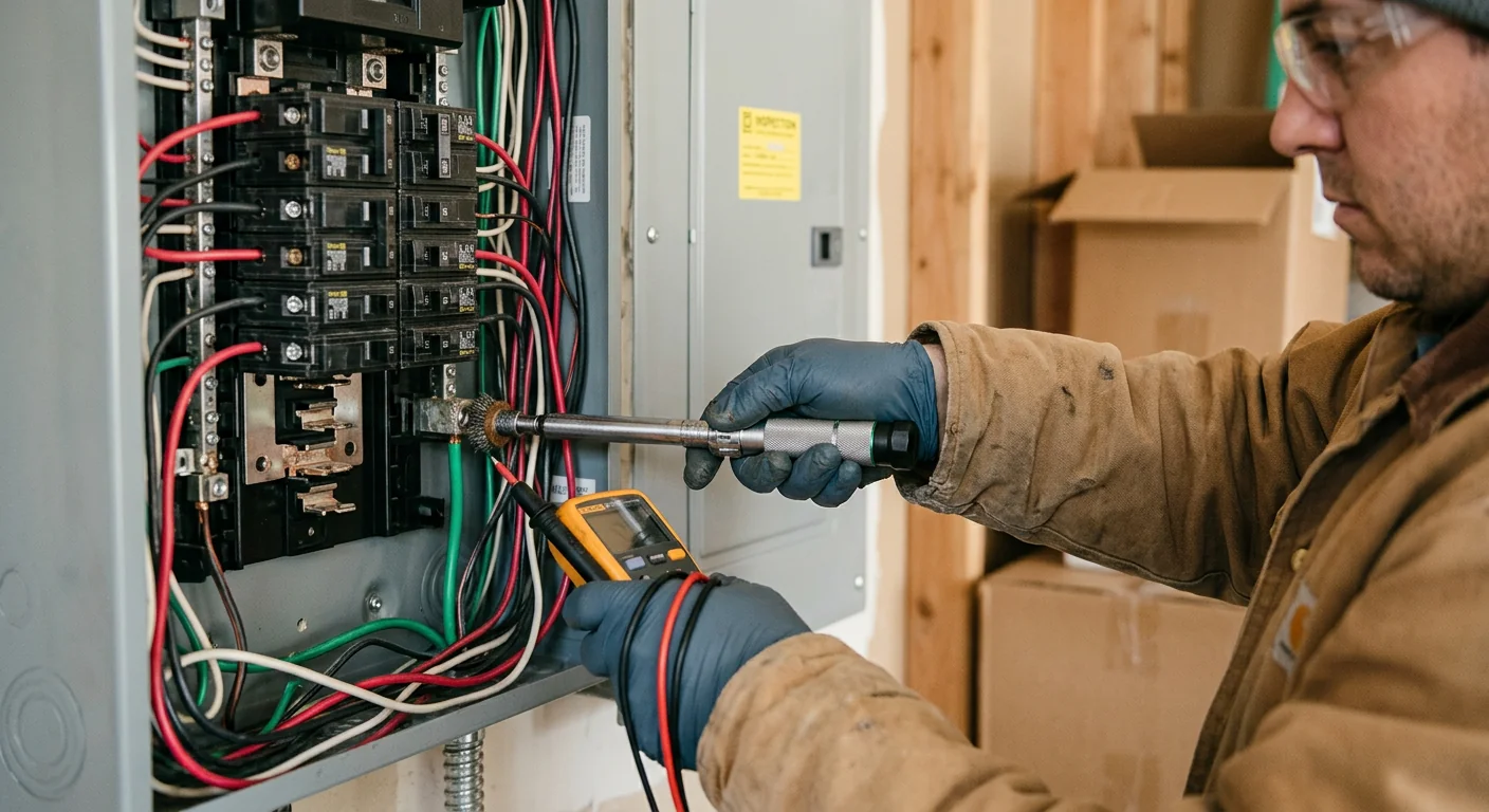 Electrician inspecting transfer switch wiring for a residential backup power system