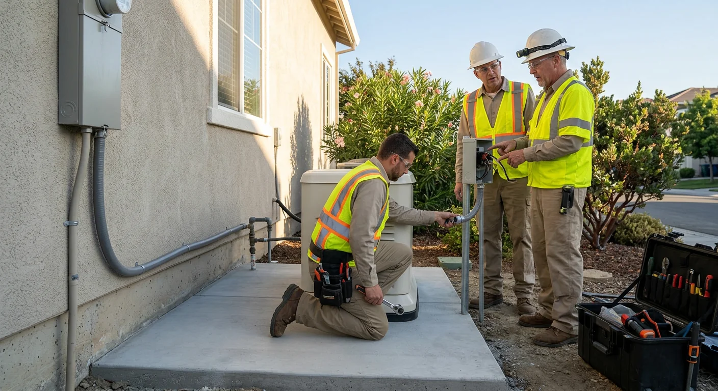 Whole-home standby generator installed on a concrete pad beside a Pleasanton residence