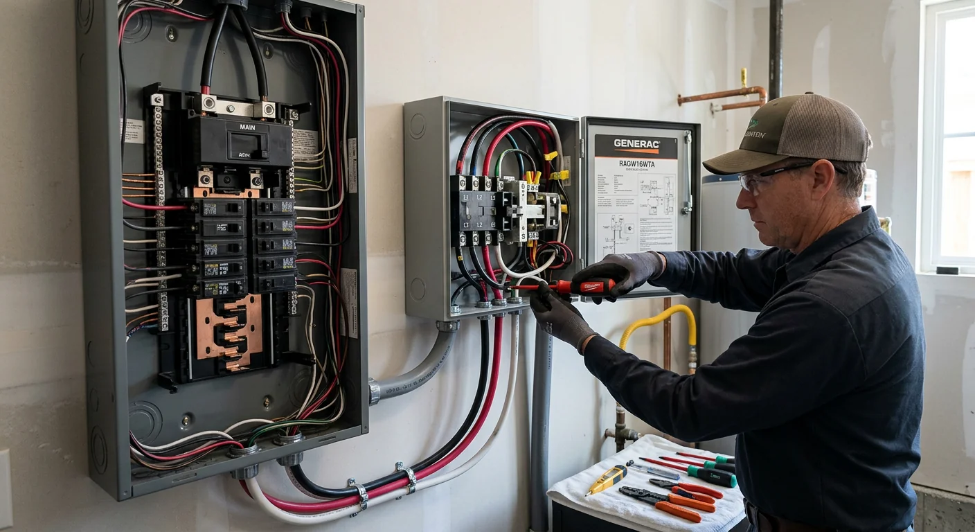 Close-up of an automatic transfer switch wired into a residential electrical panel