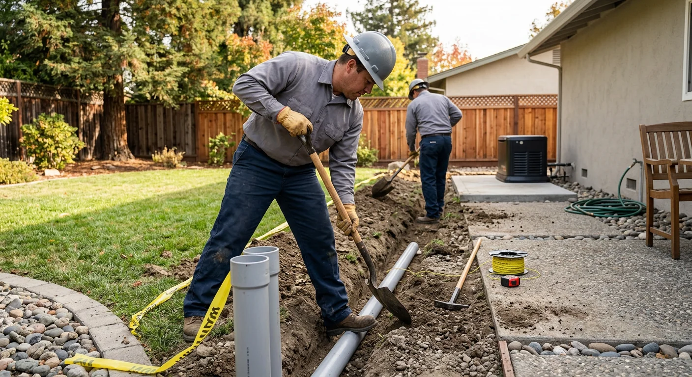 Technician trenching conduit for a generator fuel and power connection in a backyard