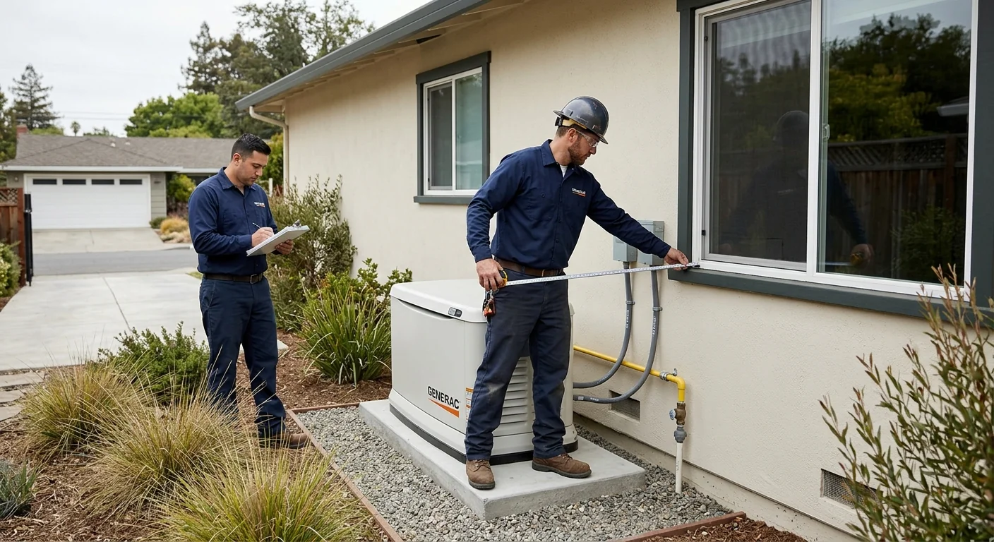 Finished natural gas standby generator with clearances verified along a Pleasanton home exterior