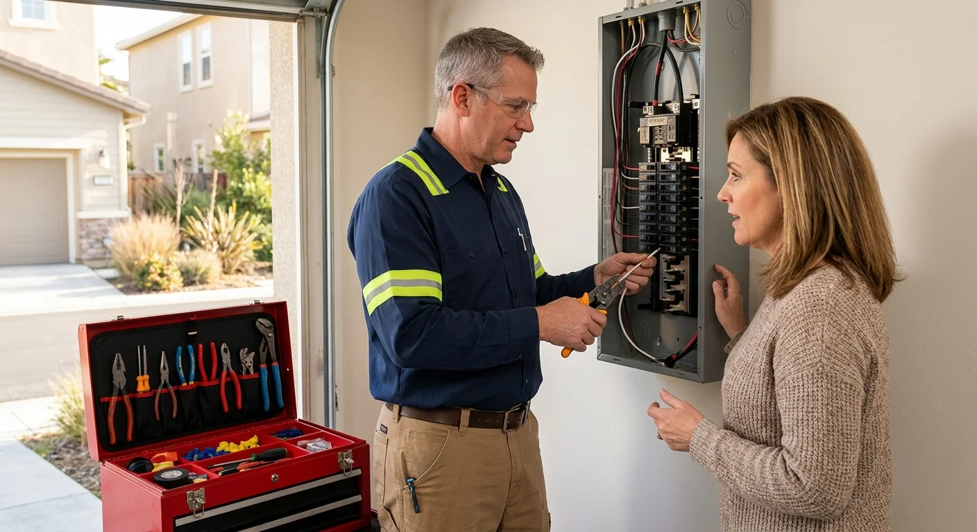 Electrician reviewing rewiring cost factors on a clipboard inside a Pleasanton home