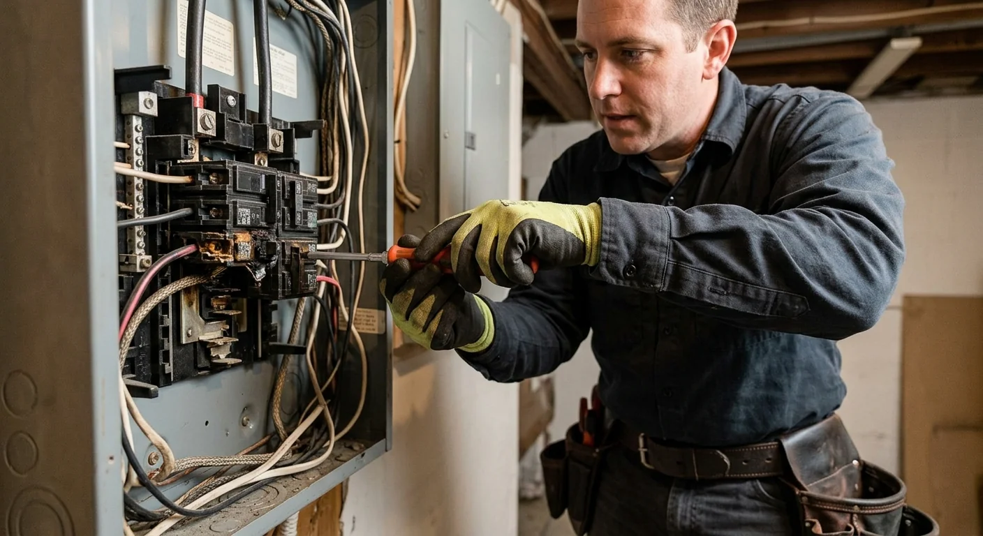 Technician testing a residential circuit panel for wiring faults
