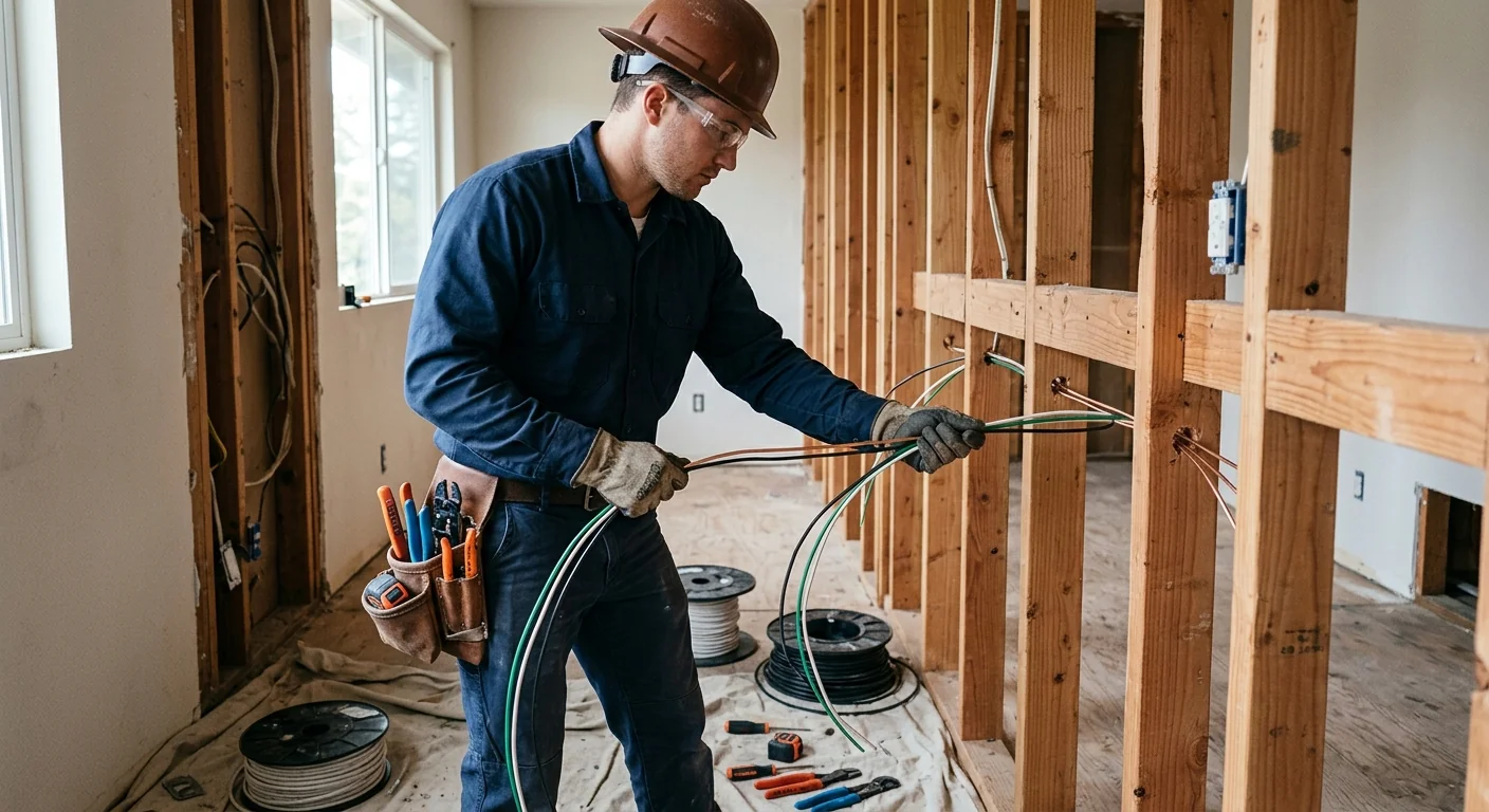 Electrician pulling new copper branch circuits through open wall framing during a rewire