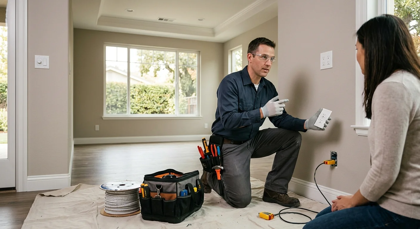 Finished living room outlet and fixture wiring completed in a Pleasanton home