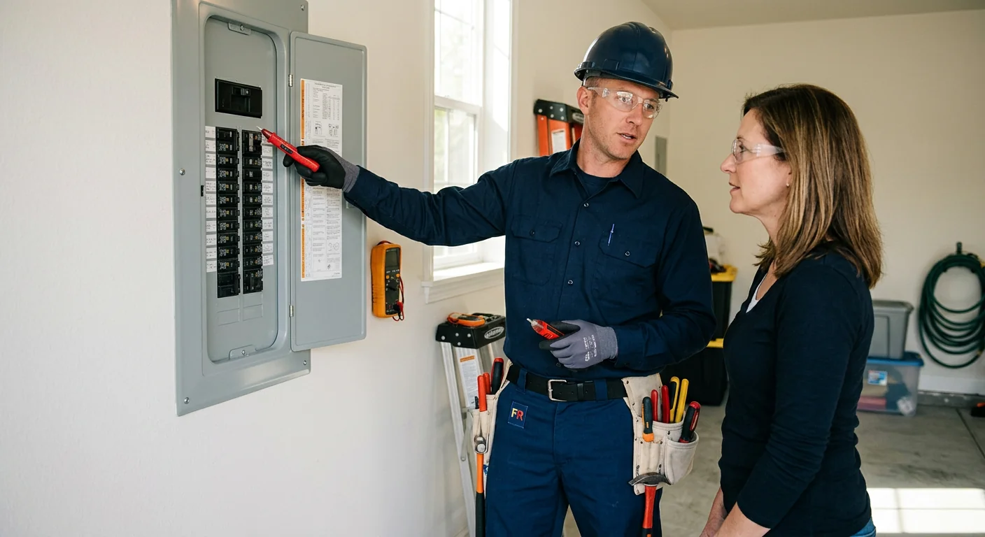 Electrician reviewing lighting layout and fixture placement in a Pleasanton living room
