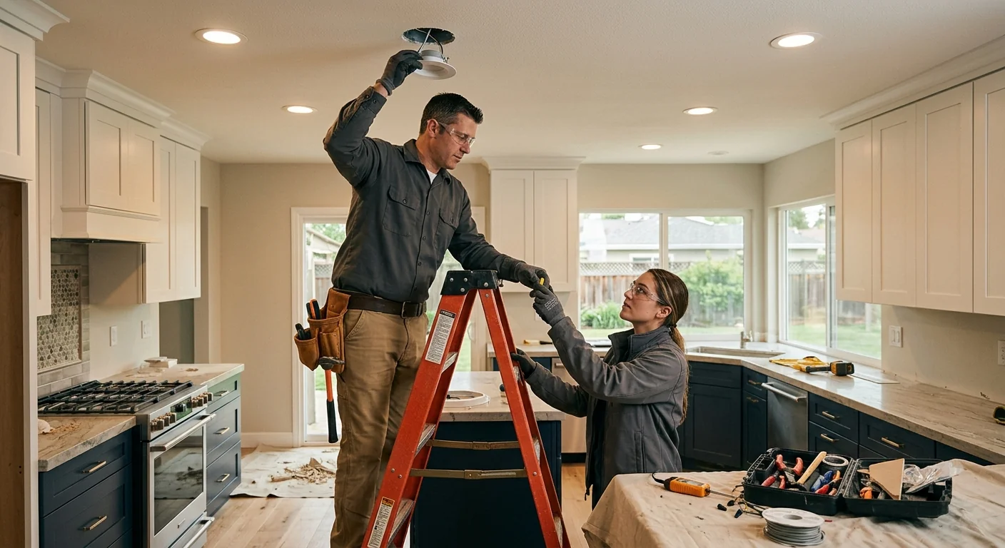 Recessed can lights installed across a remodeled Pleasanton kitchen ceiling with even spacing