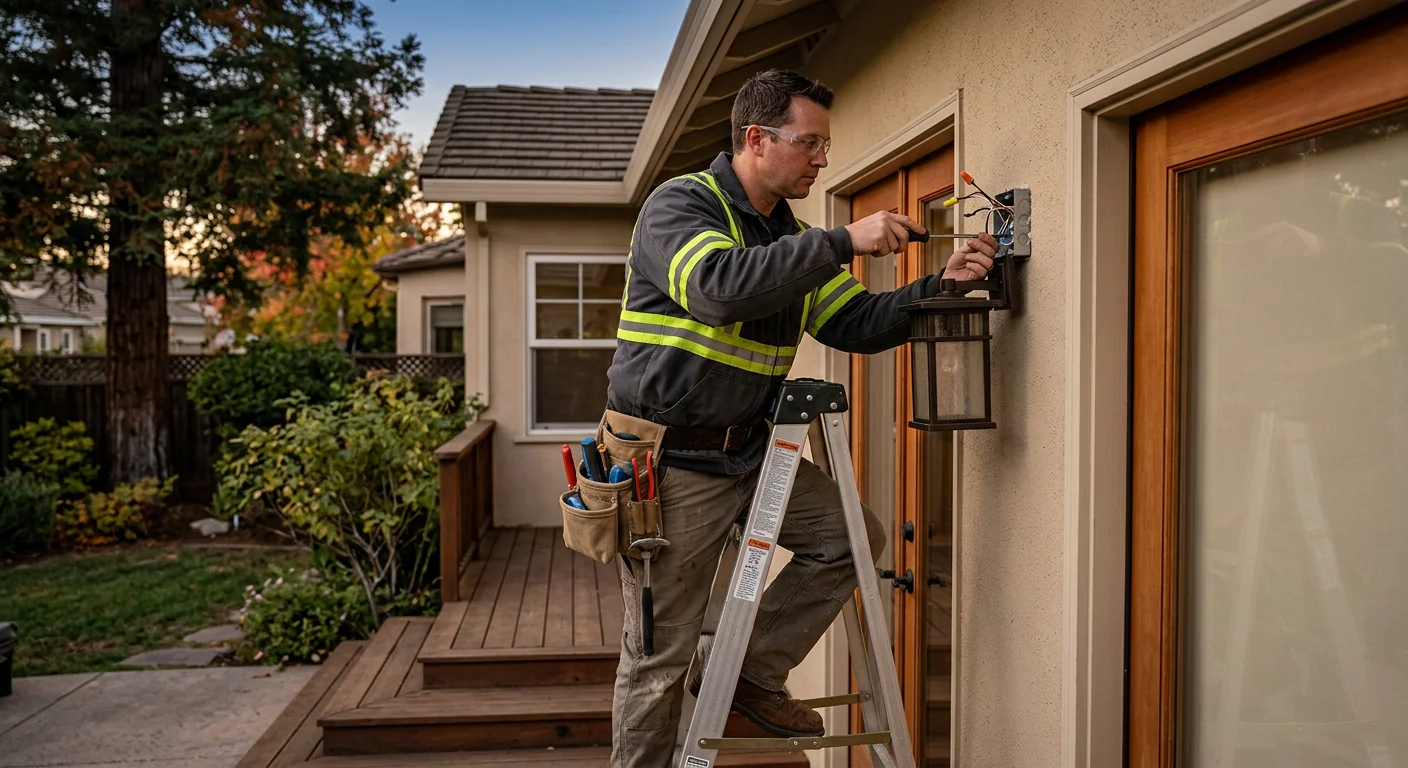 Technician mounting an outdoor wall fixture on a Pleasanton home exterior at dusk
