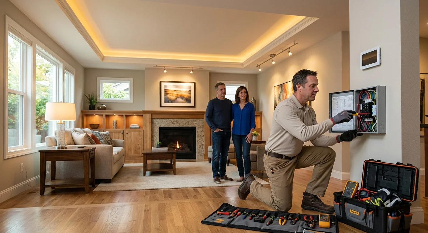 Finished living room with layered accent and ceiling lighting in a Pleasanton residence