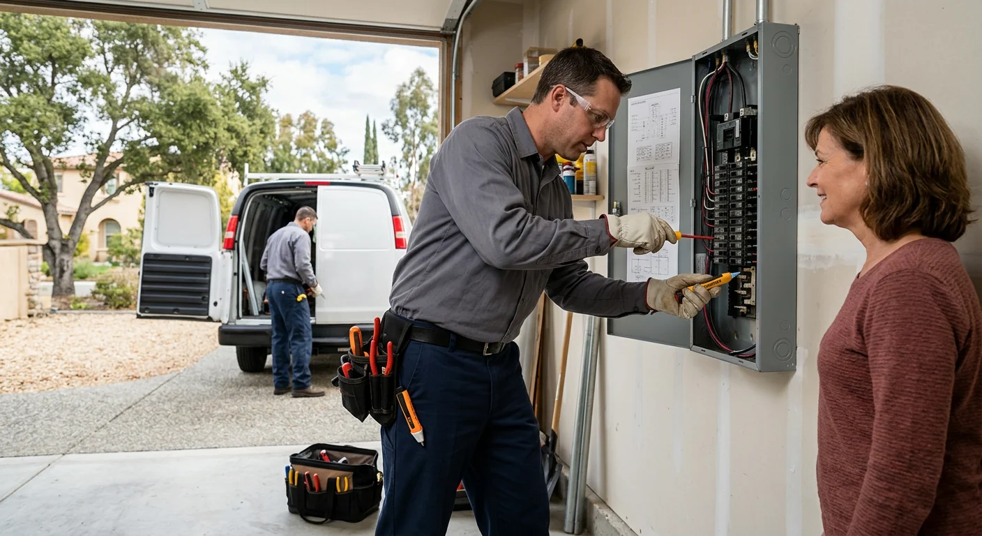 Electrician reviewing outlet placement and circuit details during a Pleasanton home estimate