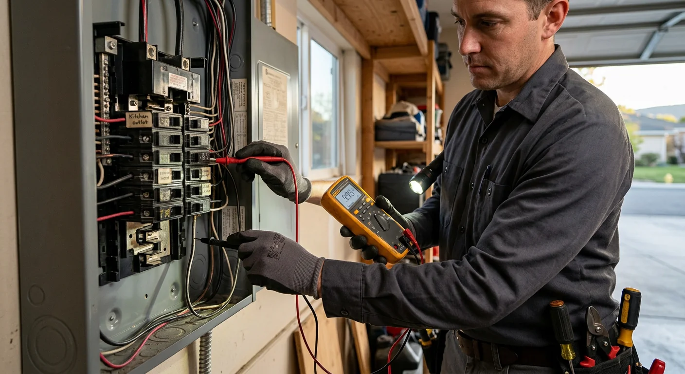 Technician testing outlet polarity and grounding during a Pleasanton service visit