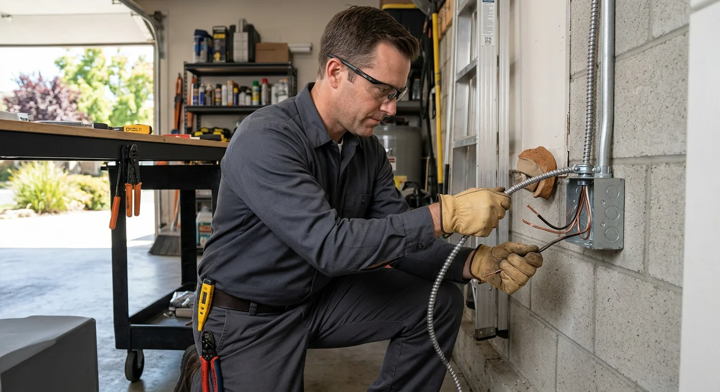 Technician routing cable to a new 240-volt receptacle in a garage workspace