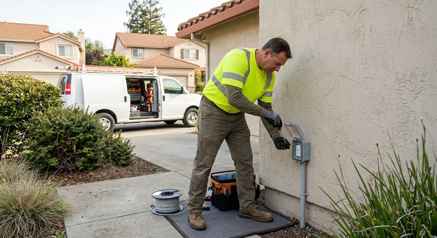 Wide shot of updated exterior weatherproof outlets on a Pleasanton home