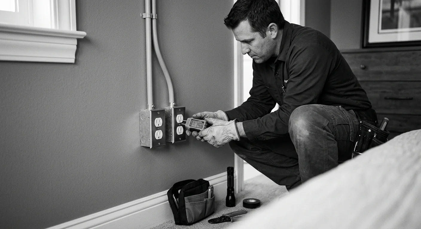 Finished bedroom wall with grounded receptacles tested after circuit verification